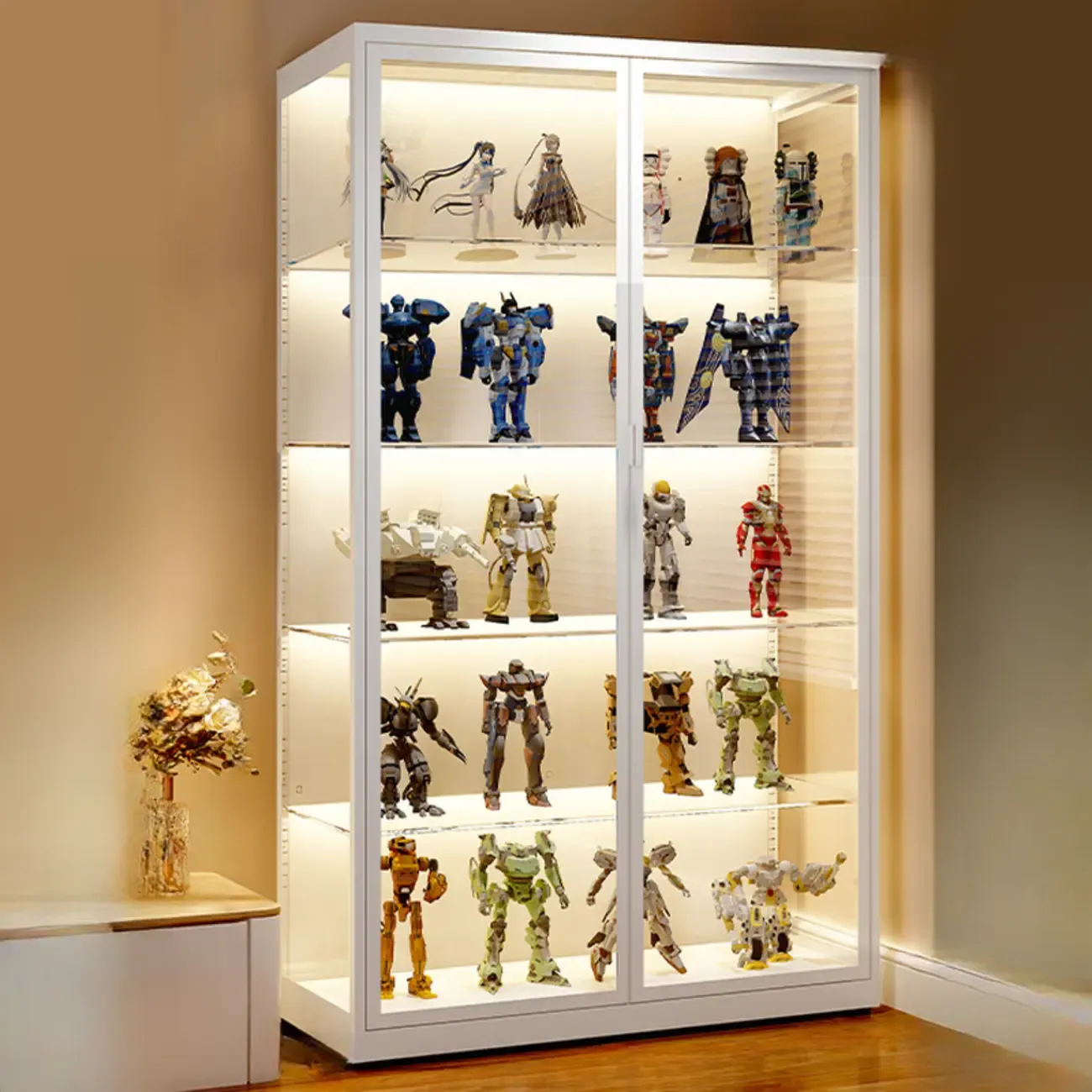 Freestanding Modern Metal Glass LED Lighted Curio Cabinet