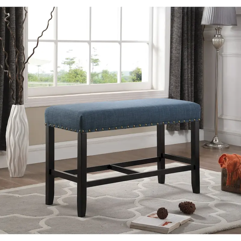 Roundhill Furniture Biony Blue Fabric Pub-Height 25.5   Dining Bench with Nailhead Trim