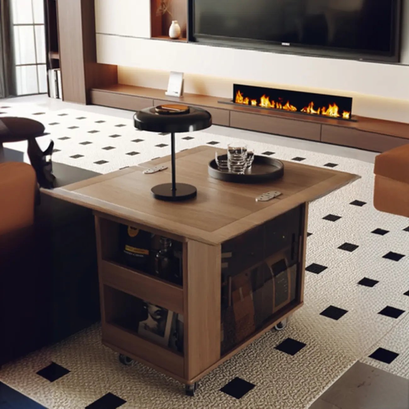 Modern Folding Table Top Wood Mobile Side Table with Wheels