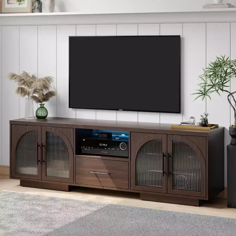 SOLACE FURNITURE 70 TV Stand for 80 TVs, Entertainment Center with LED Lights and Arched Glass Doors