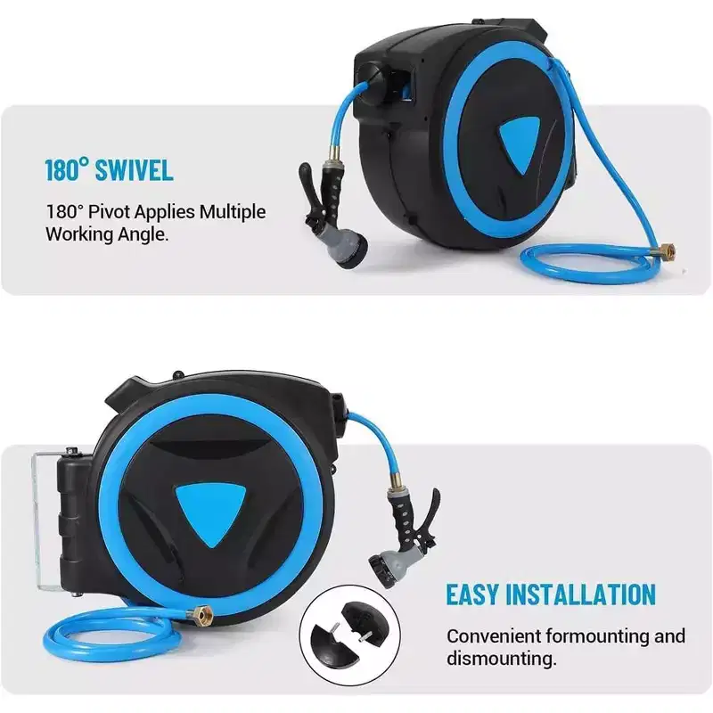 Retractable Garden Hose Reel 1/2 inch x 100 ft Wall Mount With 9-Pattern Nozzle