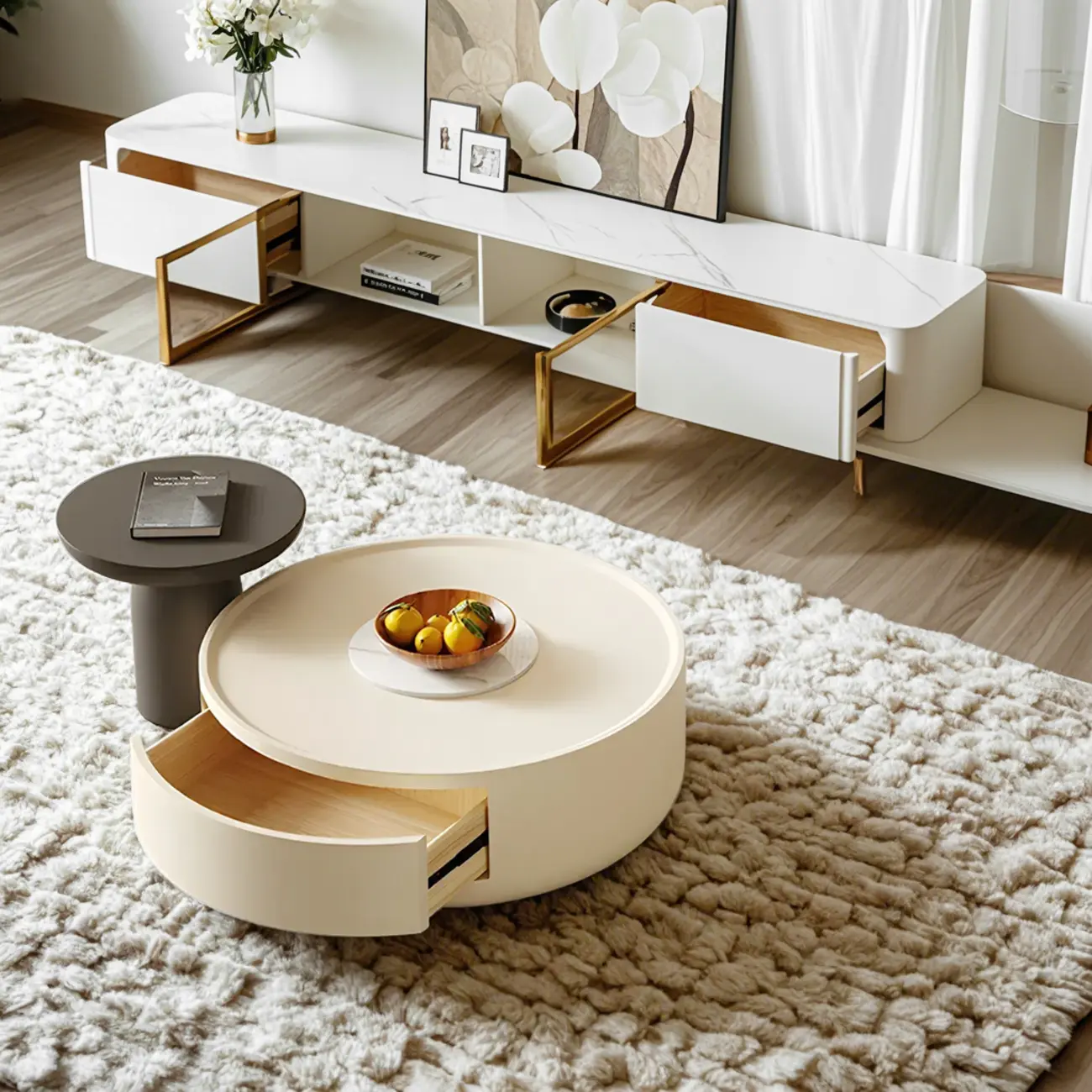 White Sleek Round Wood Drawer Coffee Table