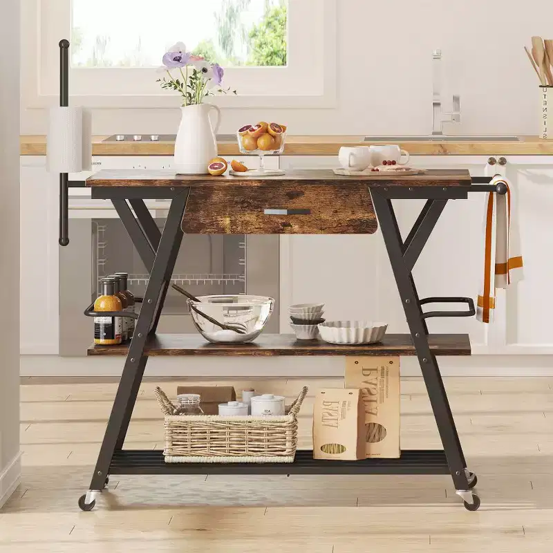 Rustic Brown / Vintage Dark Grey Rolling Kitchen Cart with 3-Tier Shelf, Lockable Wheels
