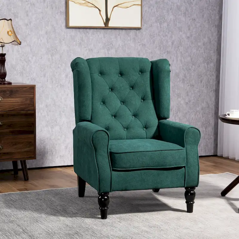Dark Green High Wingback Button-Tufted Fabric Accent Chair – Single