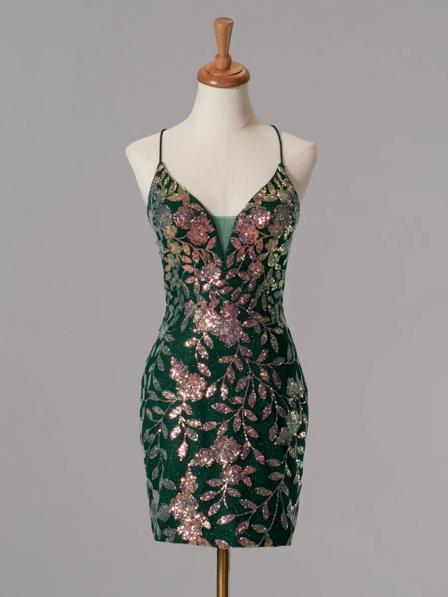 Green - Bodycon V Neck Sequined Homecoming Dresses