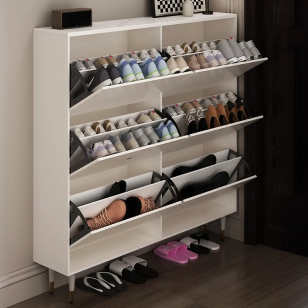 Modern White Wood Entryway Drop-Front Shoe Cabinet