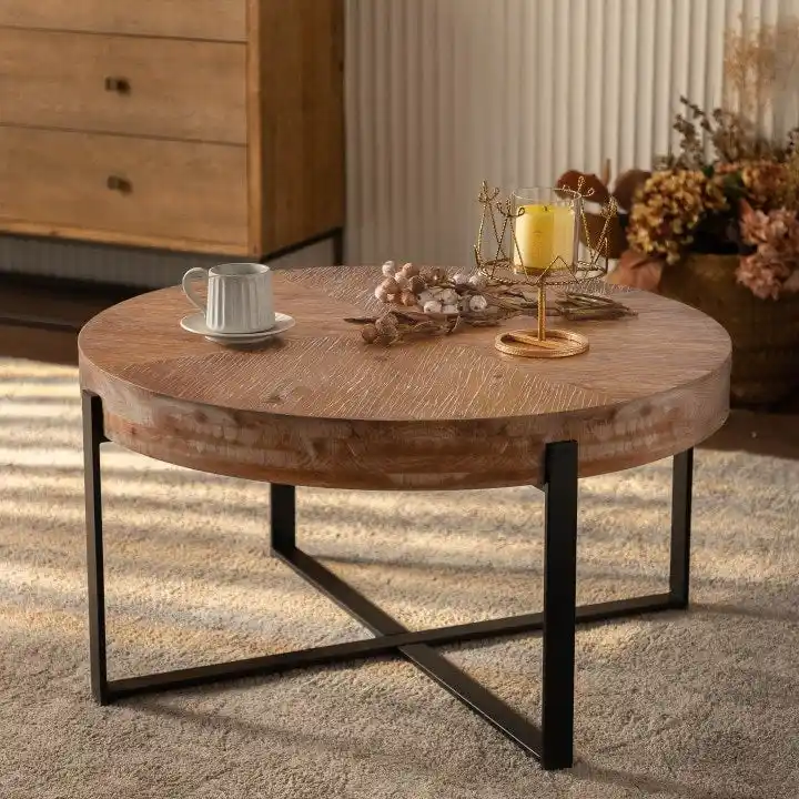 Round Coffee Table with Wood Tabletop and Metal Cross Legs