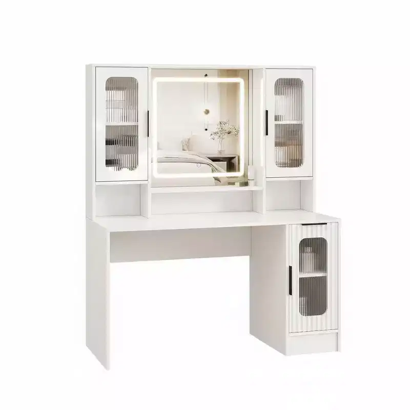 Acekool Modern Vanity Desk with Mirror, 2 Glass Cabinets & 3 Drawers Makeup Table for Bedroom