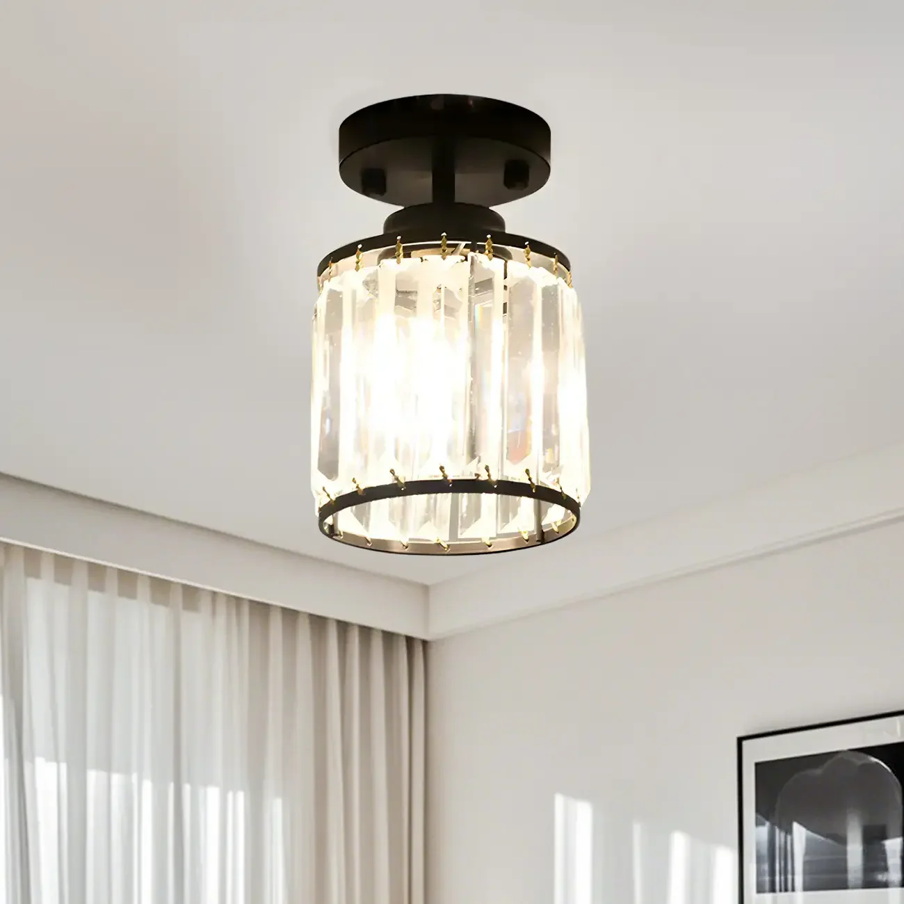 Elegant Clear Crystal Drum Semi Flush Ceiling Light