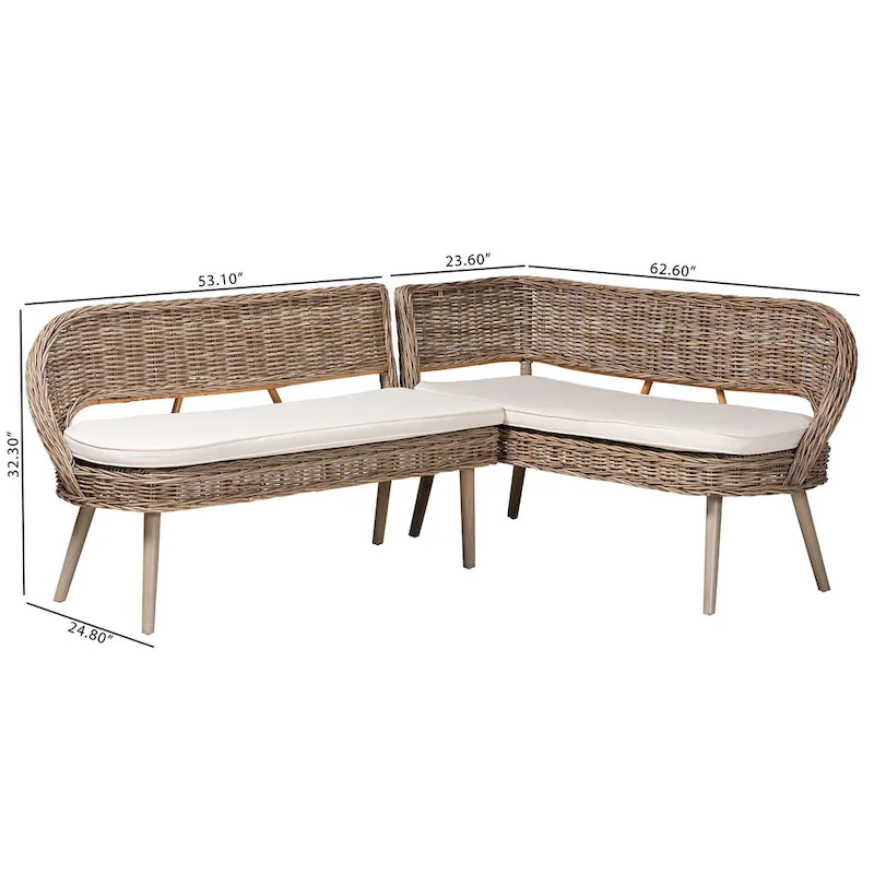 Raisa Modern Bohemian Natural Kubu Rattan and Acacia Wood 2-Piece Dining Nook Banquette Set