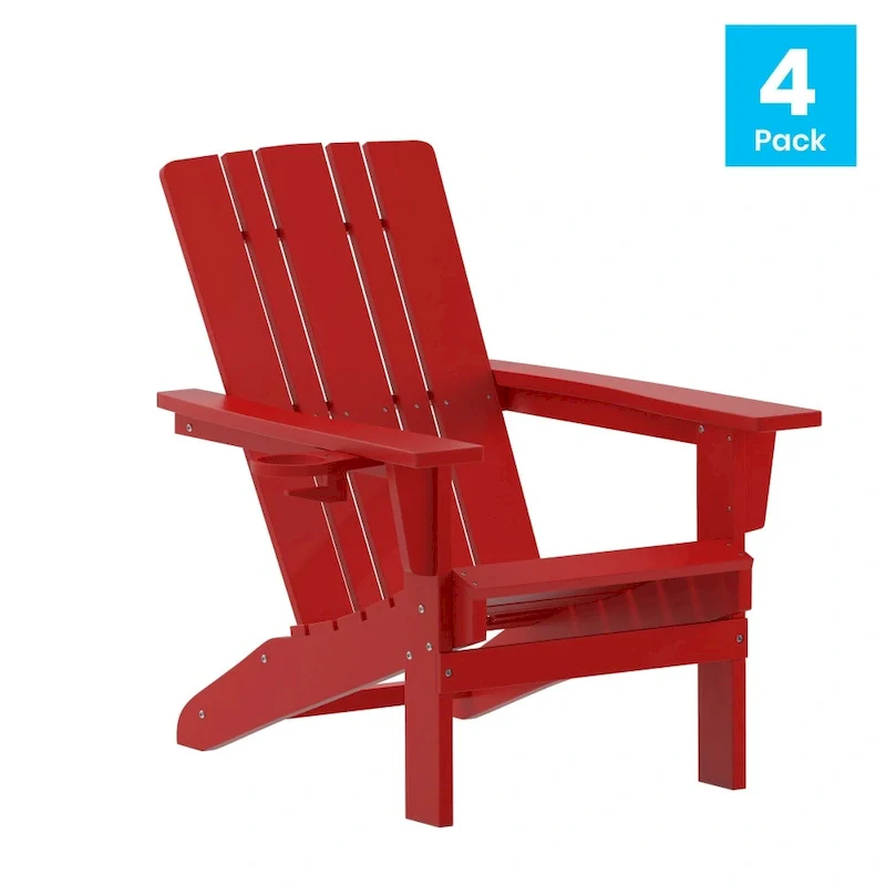 Set of 4 Commercial All-Weather Adirondack Chairs with Cupholders