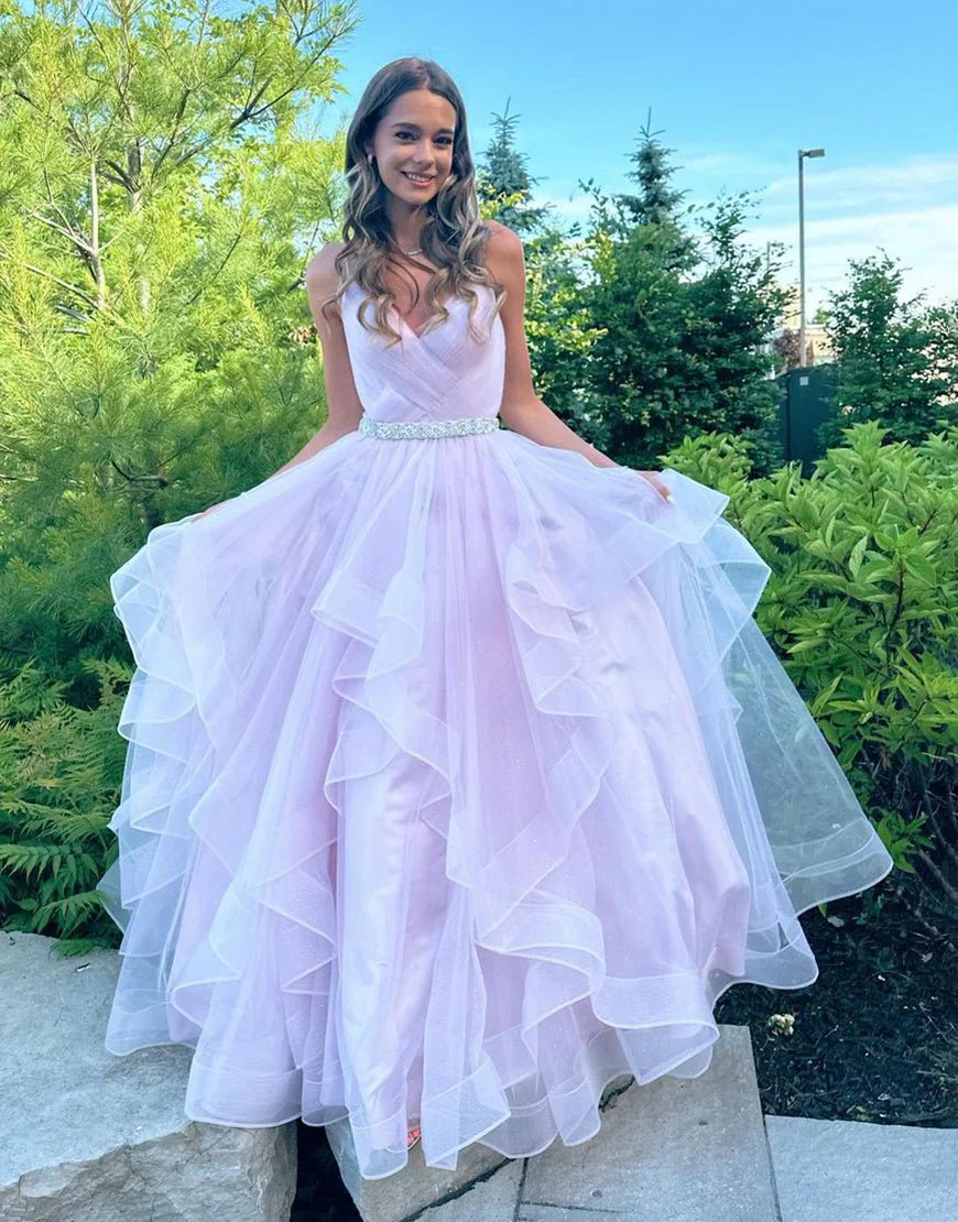 A-Line V-Neck Ruffled Tulle Prom Dress With Belt