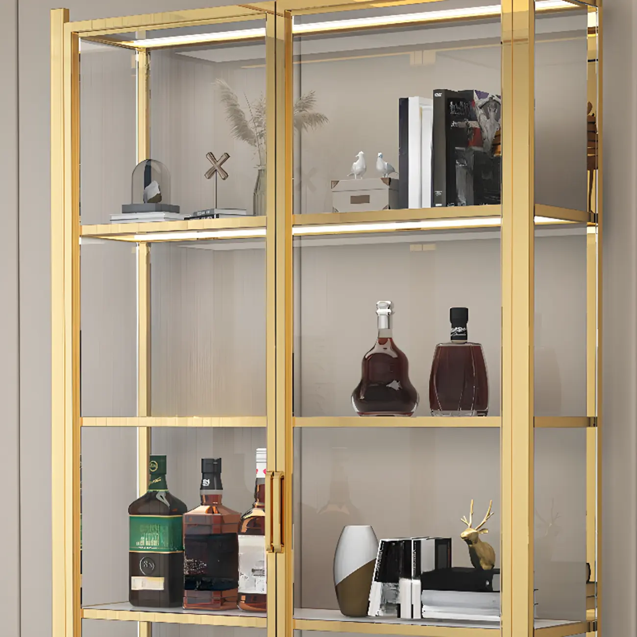 Freestanding Gold Glass Display Cabinet with LED Lights