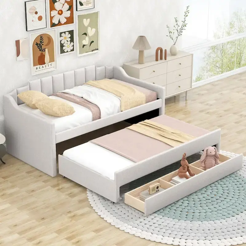 Beige Twin Upholstered Daybed with Trundle & 3 Drawers, Sofa Style, 1-Person