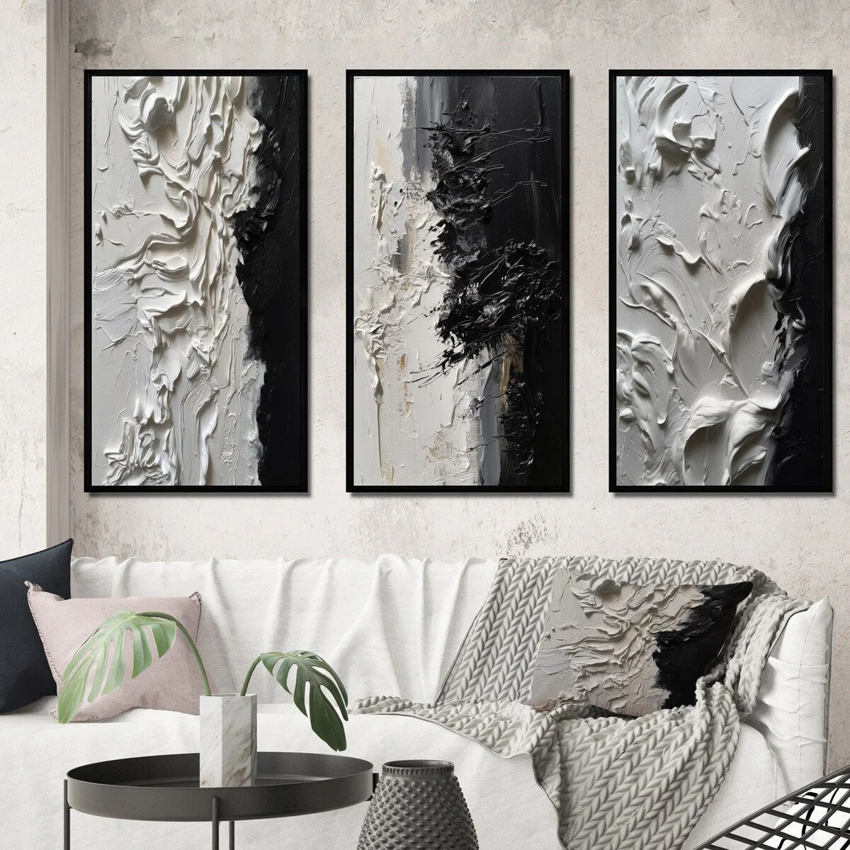 Designart White And Black Tranquility Unleashed III Abstract Marble Framed Wall Art Set Of 3 For Office Decor