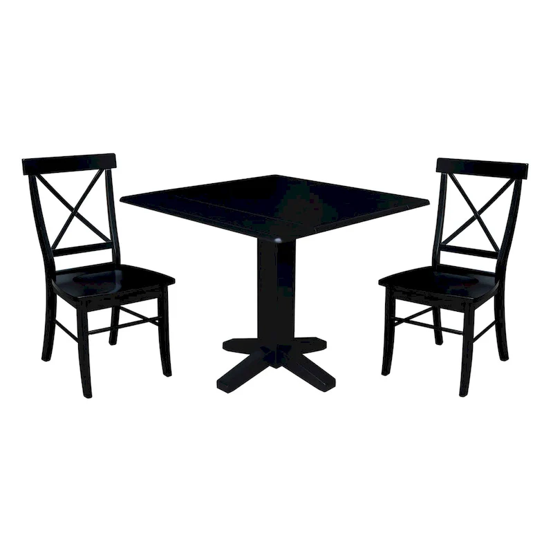 36  Solid Wood Square Dual Drop Leaf Dining Table with 2 Dining Chairs