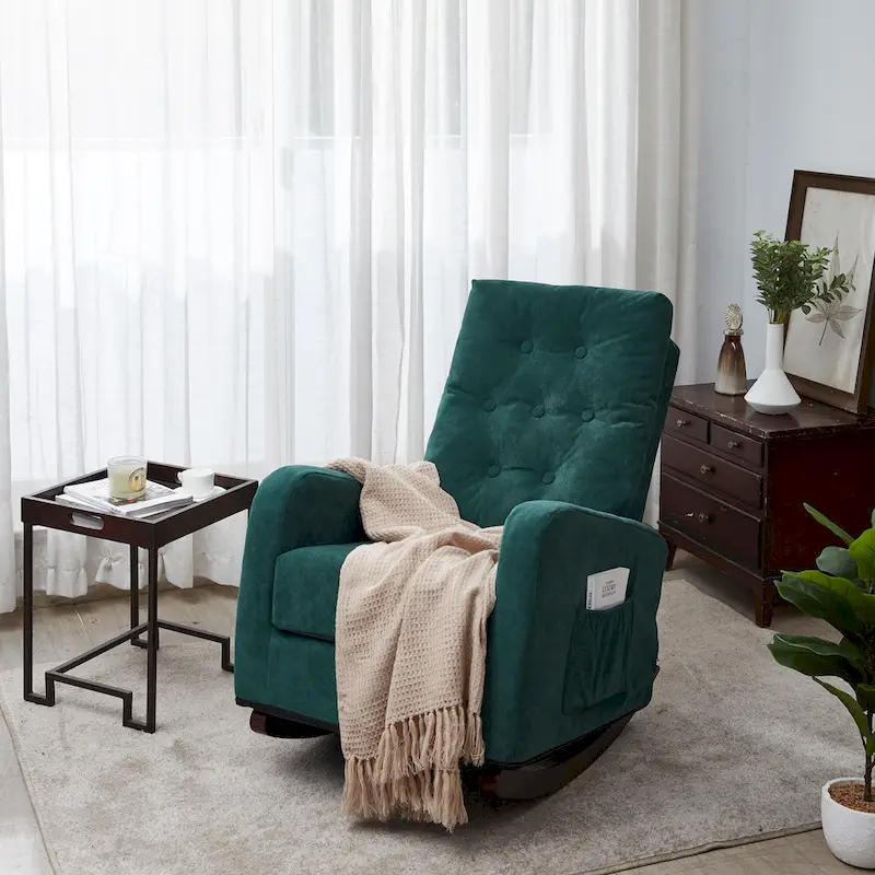 Antique Green / Antique Gray High-Back Button-Tufted Upholstered Rocking Chair with Solid Wood Legs & Side Pocket – 1-Seater