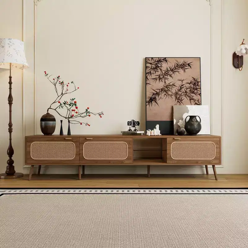 Mid Century TV Stand with Doors for 85 inch TV, Wood TV Storage Cabinet Table with Solid Wood Legs for Living Room, Walnut