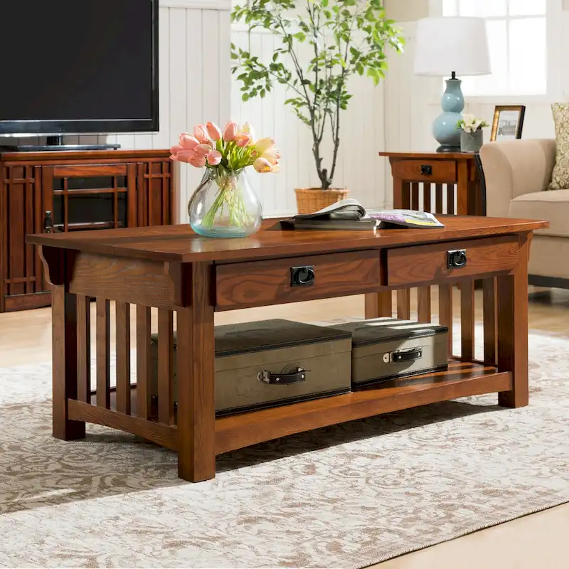 Solid Wood Mission-Style Coffee Table with Drawers