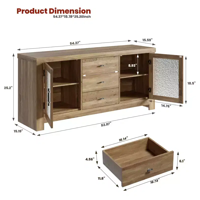 54.4 Kitchen Buffet Sideboard Cabinet, Coffee Bar Table with 2 Glass Doors & 3 Drawers, Accent Storage Cabinet & TV Stand, for Living Room, Dining