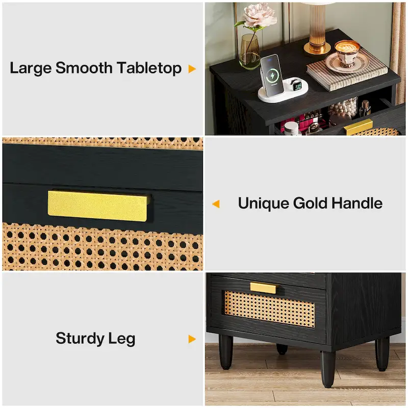 Wood/ Rattan Nightstand Bedside Table with 3-drawer