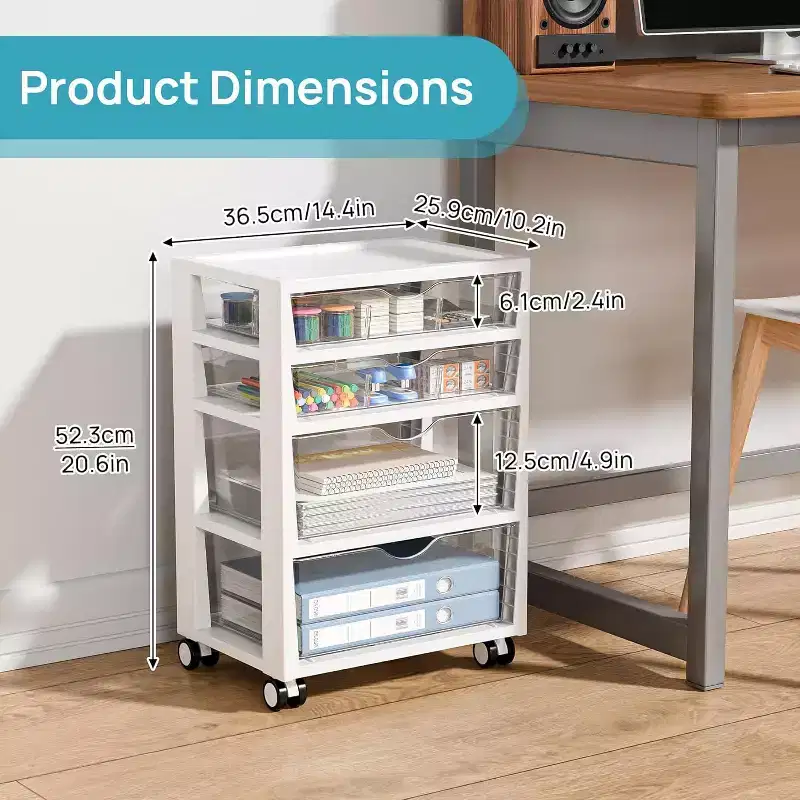 Vtopmart 4-Tier Plastic Drawer Storage Rolling Cart with Wheels, for Art Crafts Supplies, Home Office Supplies, Toys, Under Desk Storage