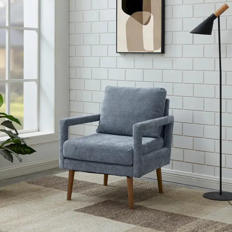 Blue, Mid-Century Modern, Chenille Accent Armchair, 1-Seater