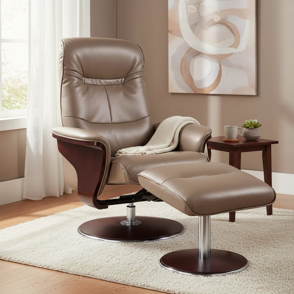 Modern Bend Wood Latte Leather Swivel Recliner with Ottoman