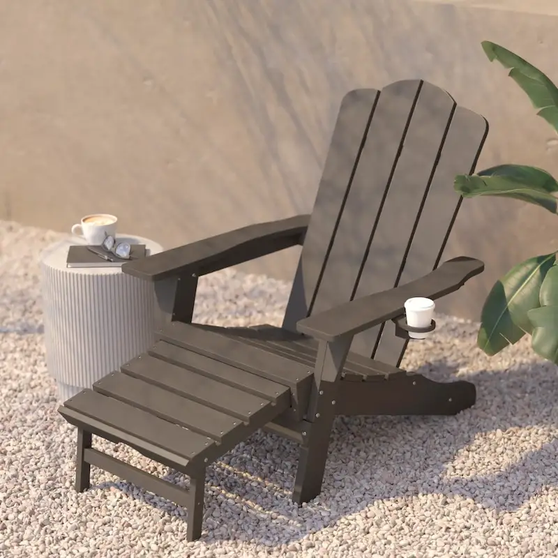 Commercial All-Weather Adirondack Chair with Pullout Ottoman & Cupholder