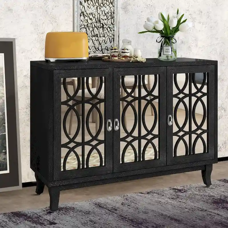 Black/Champagne/Natural Wood Wash Modern Wood Sideboard with 3 Mirrored Cabinet Doors & Adjustable Foot Pads
