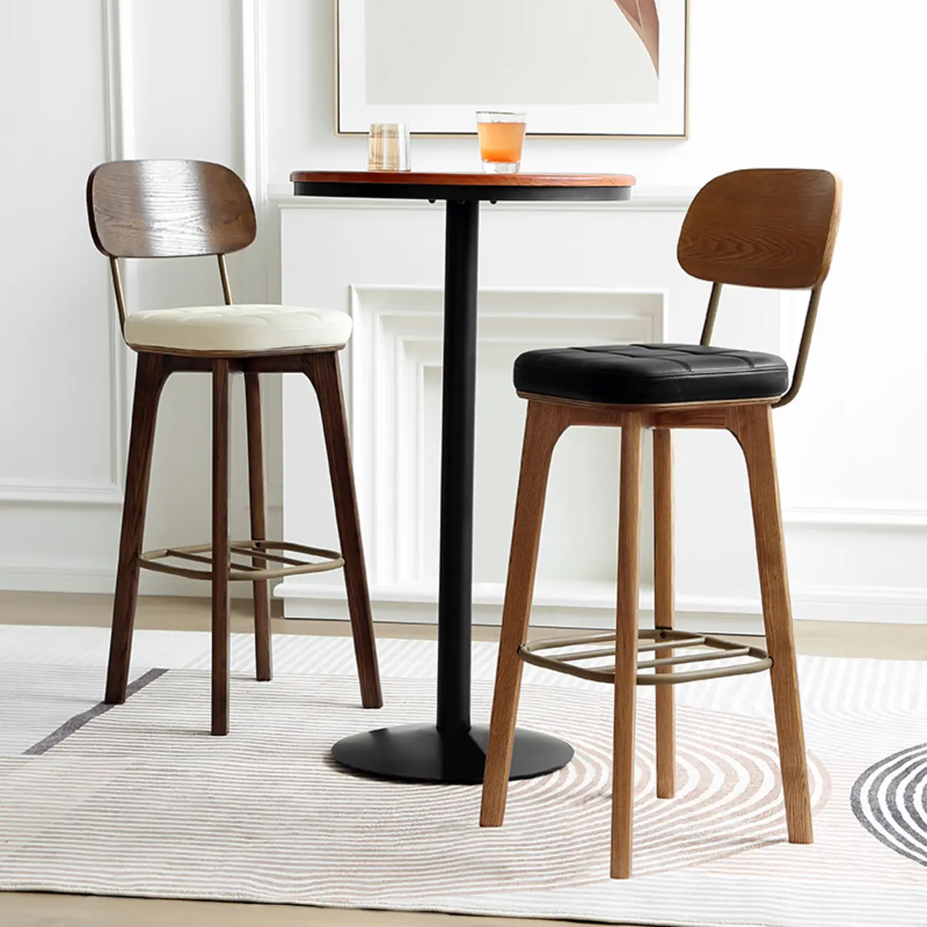 Wooden Square Leather Upholstered Bar Stool with Backrest