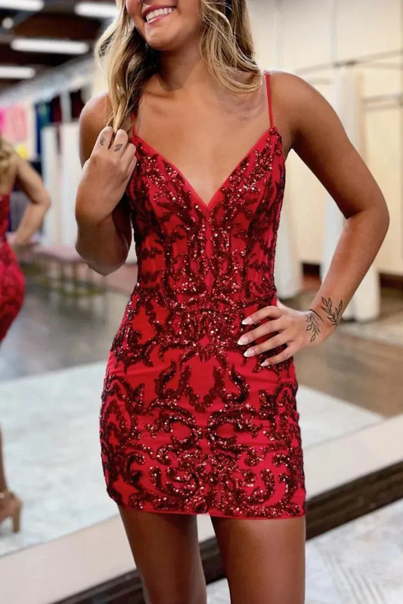 Glitter Hot Pink Fitted V-Neck Spaghetti Straps Sequined Appliques Mini Party Dresses