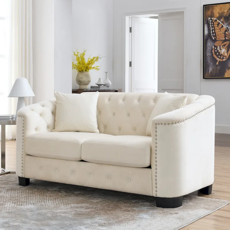 59-Inch Modern Chesterfield Velvet Sofa, 2-Seater Sofa, Upholstered Tufted Backrests with Nailhead Arms and 2 Cushions for Livin