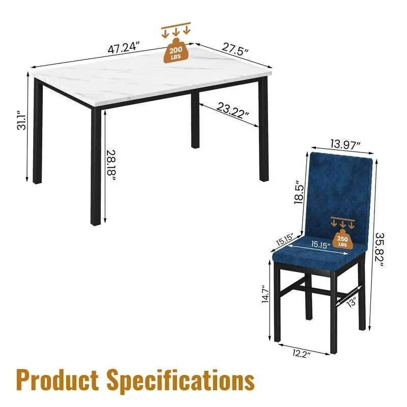 Grondin 5-Piece Dining Room Table Set with Faux Marble Table Top and Diamond Stitching Velvet Upholstery Dining Chairs