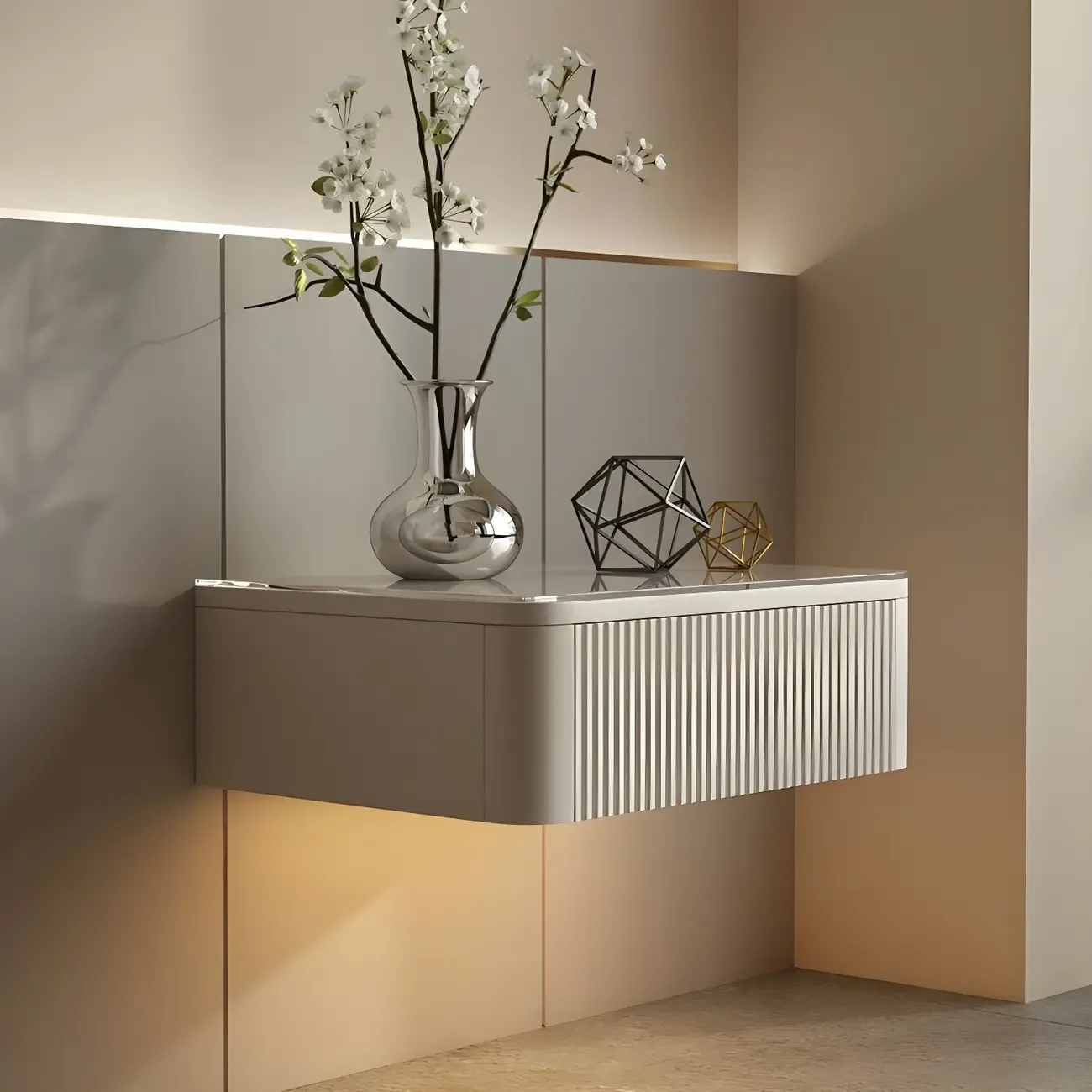 Modern Grey Wood Floating Nightstand with Glass Top