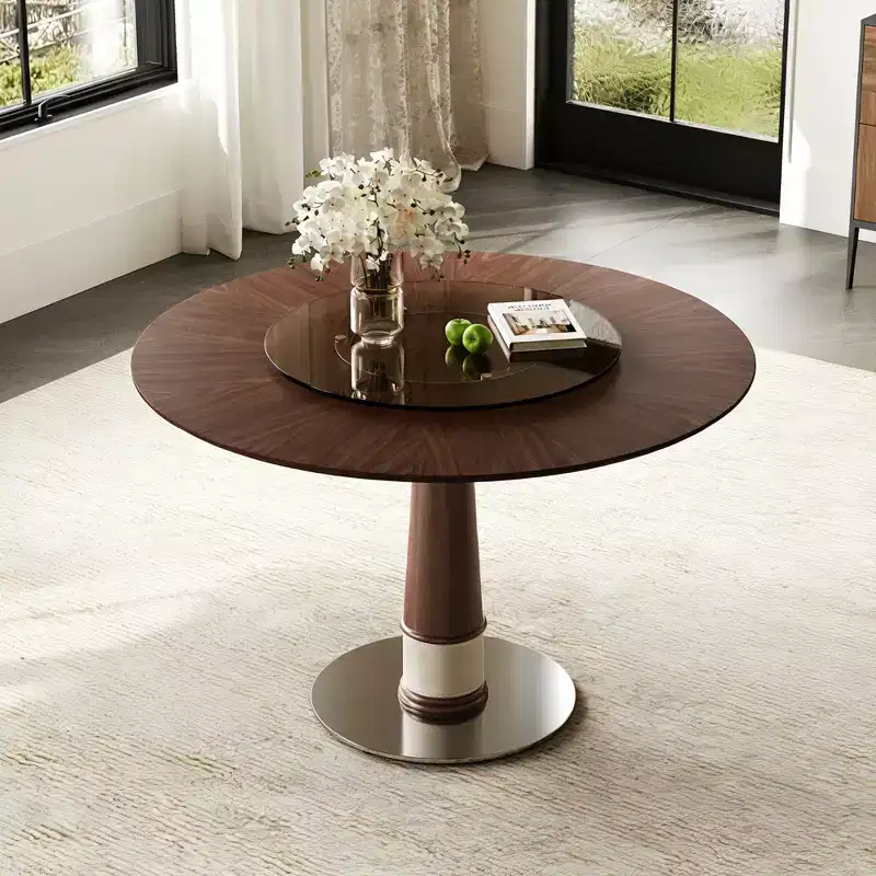 GDFStudio Emily 47-Inch Solid Wood Round Dining Table with Tempered Glass Lazy Susan and Stainless Steel Base