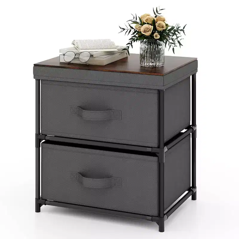Costway 2 Drawer Dresser Fabric Storage Organizer Nightstand Bedside Sofa Table Grey & Rustic Brown