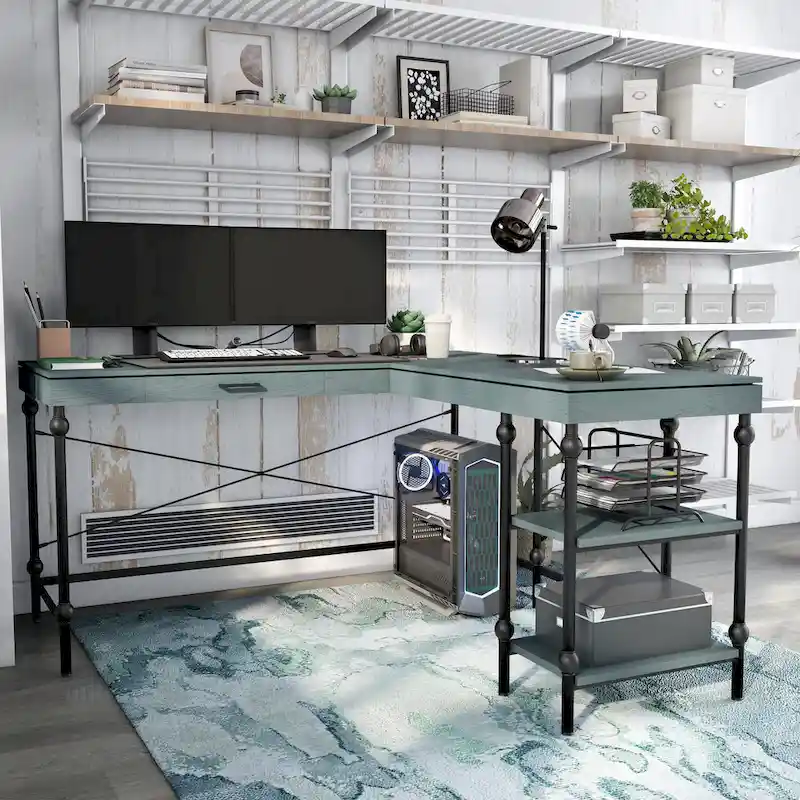 Haley Farmhouse 59-inch Metal L-Shaped Computer Desk with USBs by Furniture of America