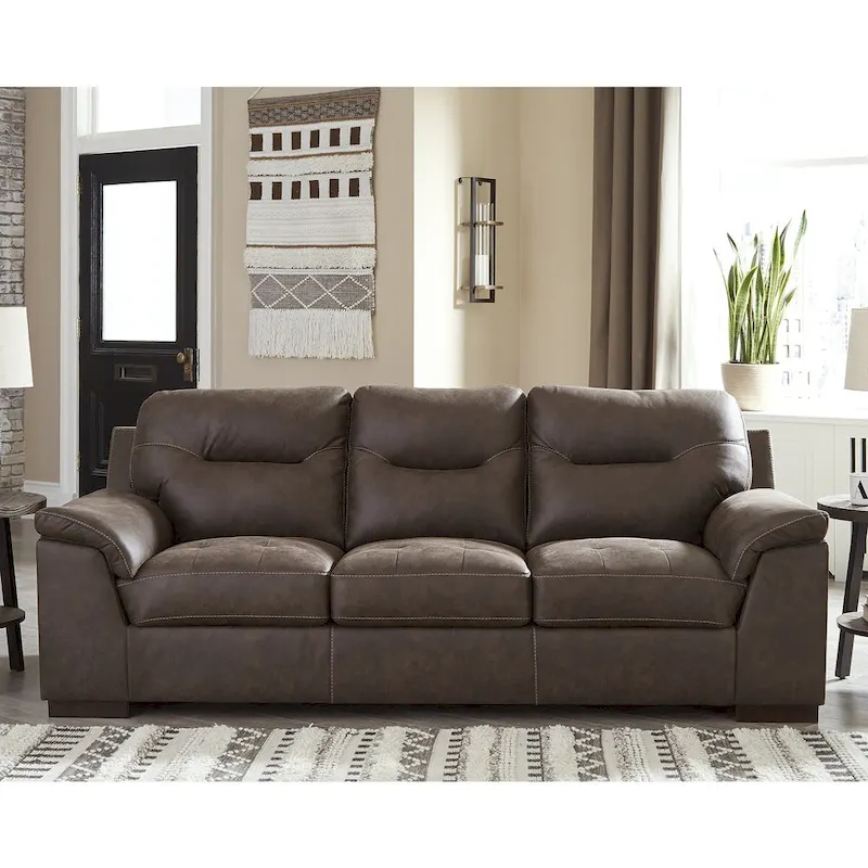 Beige / Chocolate Faux Leather Tufted Sofa with Pillow Top Armrests – 3-Seater