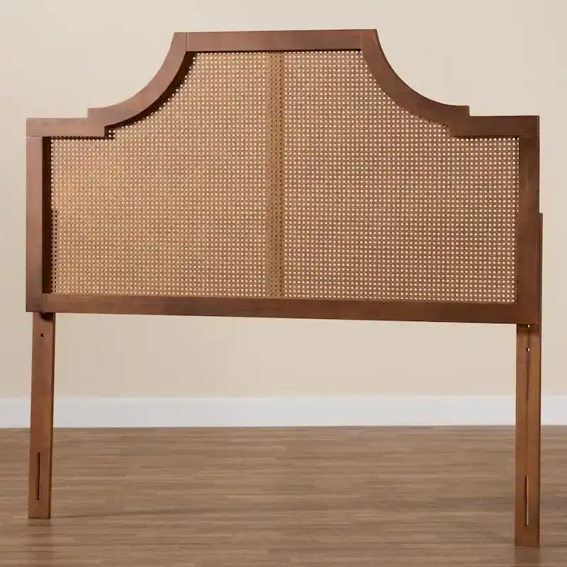 Risha Mid-Century Modern Ash Walnut Finished Wood and Rattan Headboard