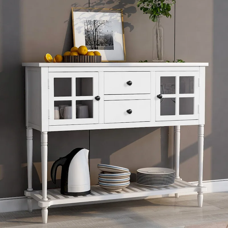 White Farmhouse Distressed Sideboard Console Table with 2 Glass-Front Cabinets, 2 Drawers & Bottom Shelf