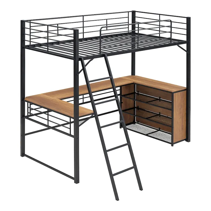 Black Metal Loft Bed with L-Shaped Desk & 3-Tier Shelves, Reversible Ladder, Twin, 1-Person