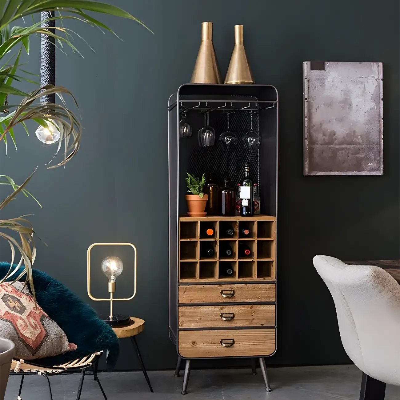 Industrial Brown Wood Wine Rack with Glass Holder and Drawers