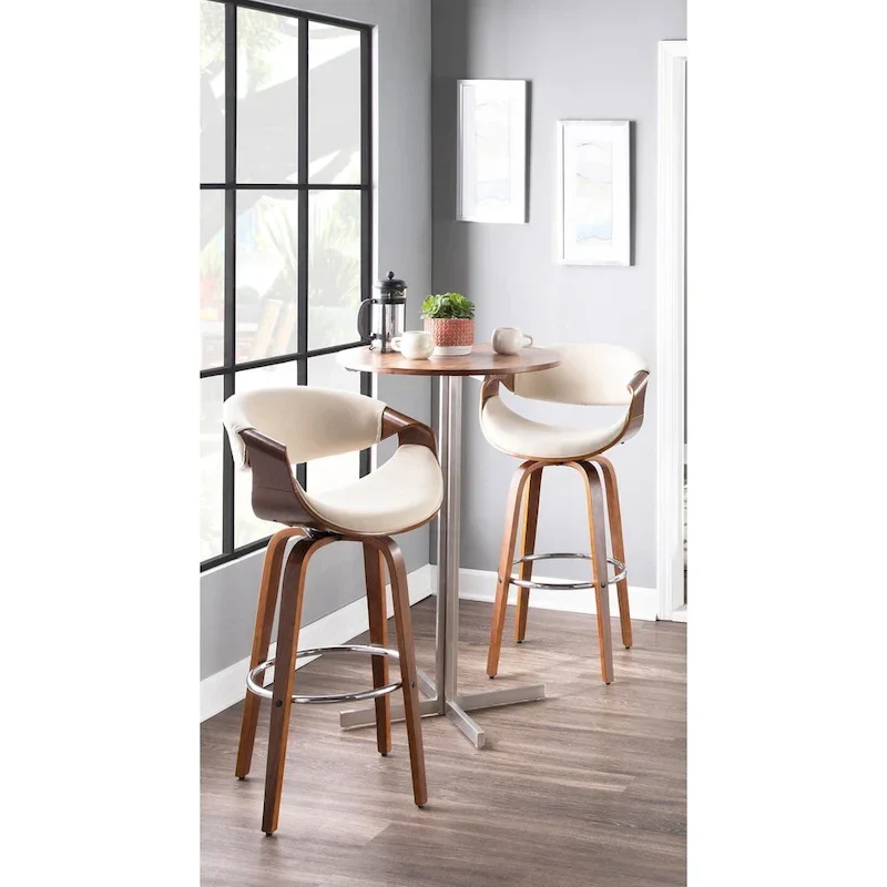 Cream / Grey / Charcoal / Blue Swivel Bar Stool with Wood Legs & Footrest, Set of 2