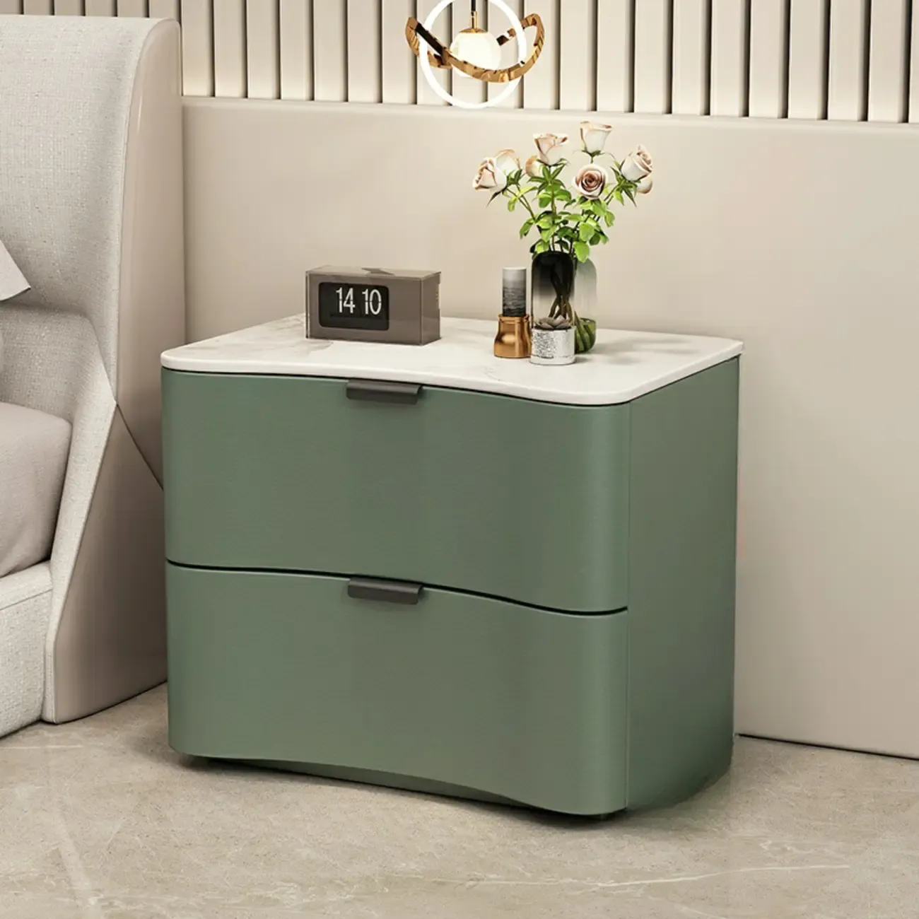 Modern Waved Stone Top Leather 2-Drawer Nightstand