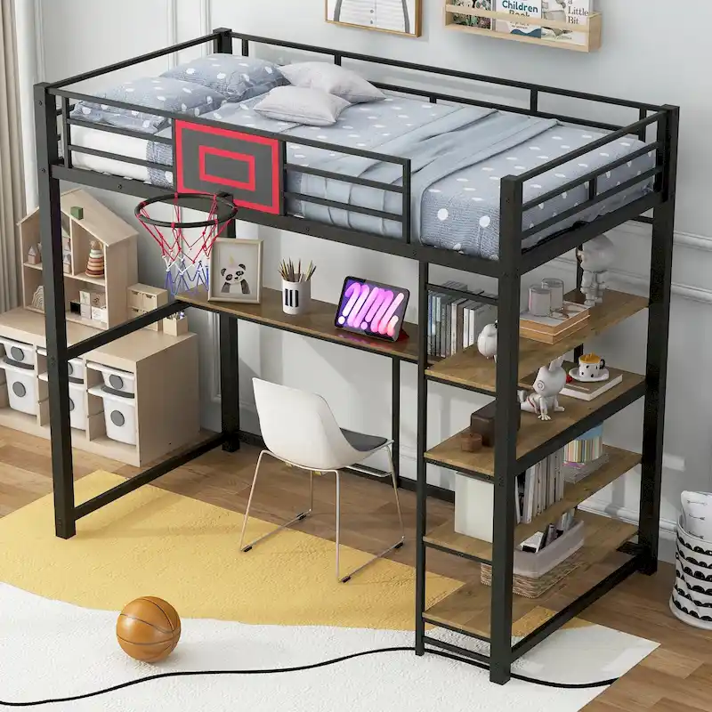 Twin Size Metal Loft Bed with Shelves, Desk and Basketball Hoop