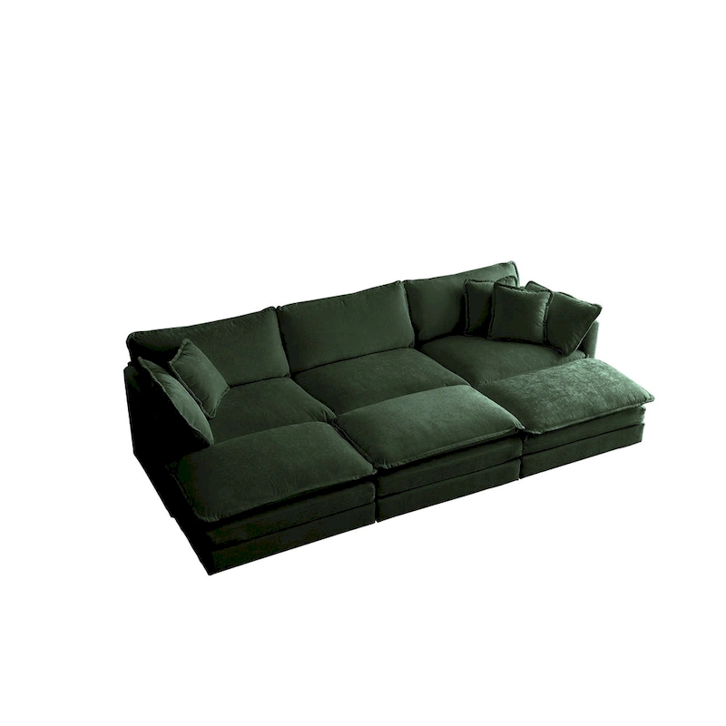 Green 6-Seater U-Shape Sectional Sofa with 3 Ottomans and Pillows