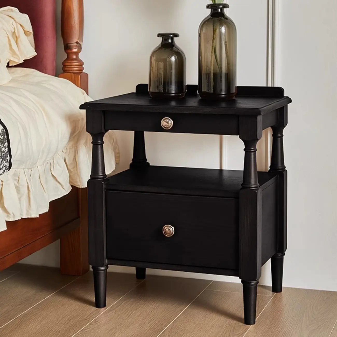 French Country Black 2 Drawers Wooden Nightstand