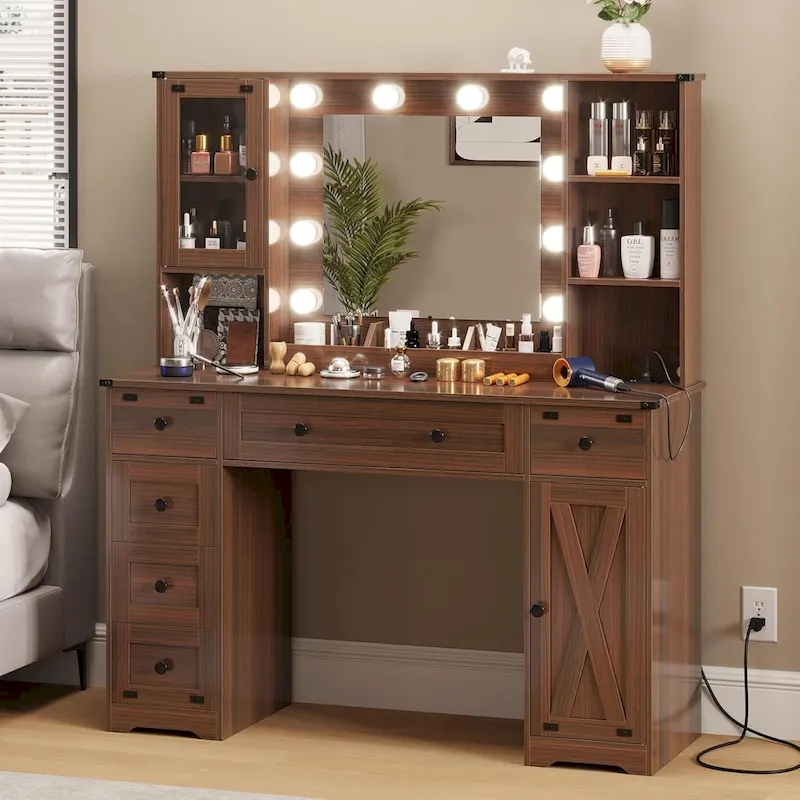 Walnut / White Farmhouse Makeup Vanity Desk with Lighted Mirror & Charging Station, Single-Seat