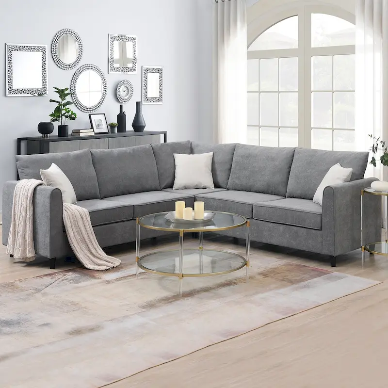 Modern Upholstered L-Shaped Sectional Sofa Couch with 3 Pillows